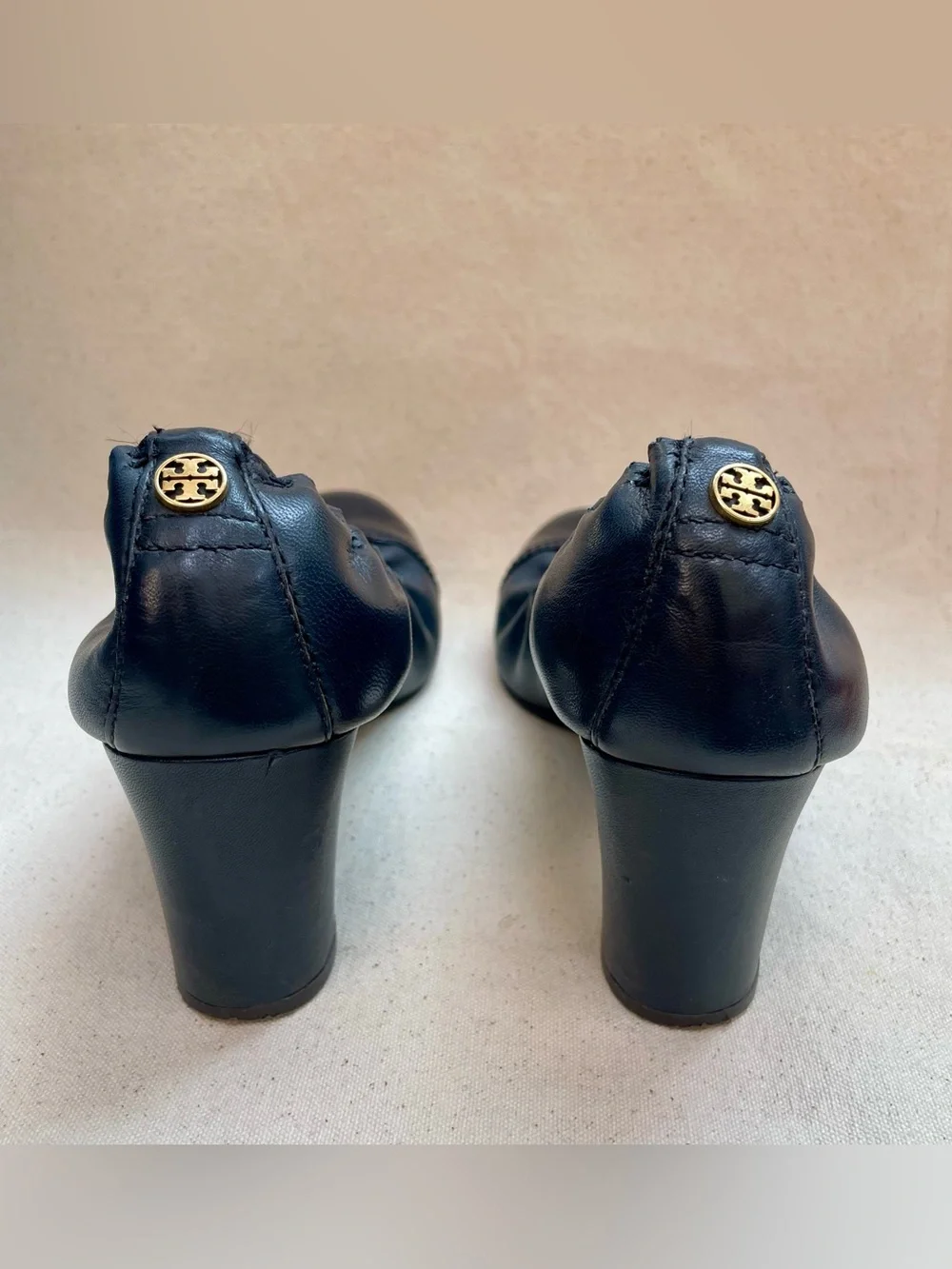 Tory Burch Navy Patent Round-Toe Block Heel Pumps